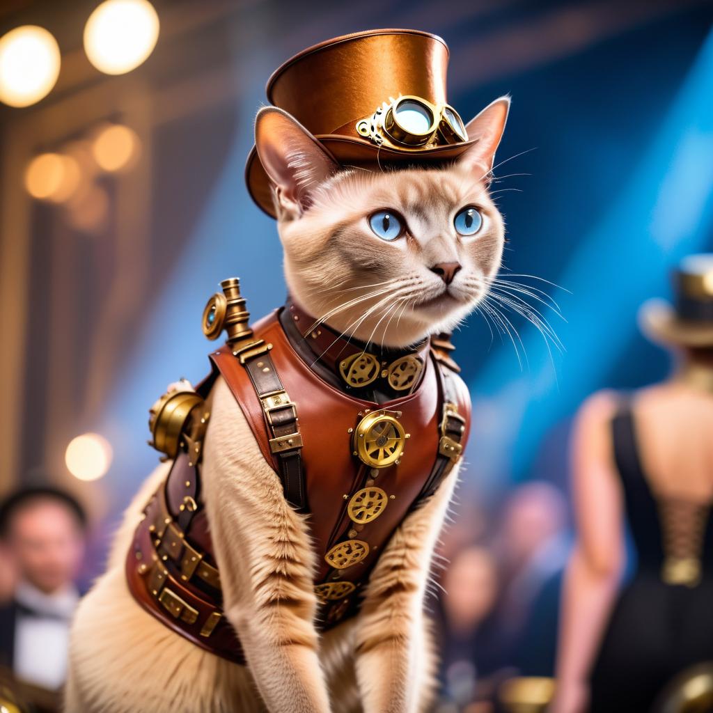 tonkinese cat strutting down the fashion show catwalk stage in an elaborate steampunk outfit featuring leather harnesses, brass gears, and a top hat, high energy and dramatic.