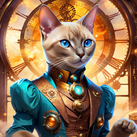 tonkinese cat in a steampunk style, cute and happy, with a magical and painterly quality.