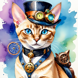 watercolor painting of tonkinese cat in a steampunk style, vibrant and happy, highly detailed with anime influences.