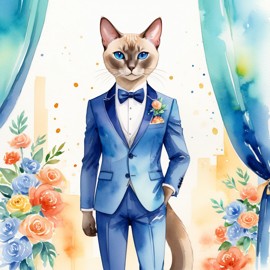 watercolor painting of tonkinese cat in a classy suit on a fashion stage, capturing elegance and charm in a vibrant, highly detailed illustration.