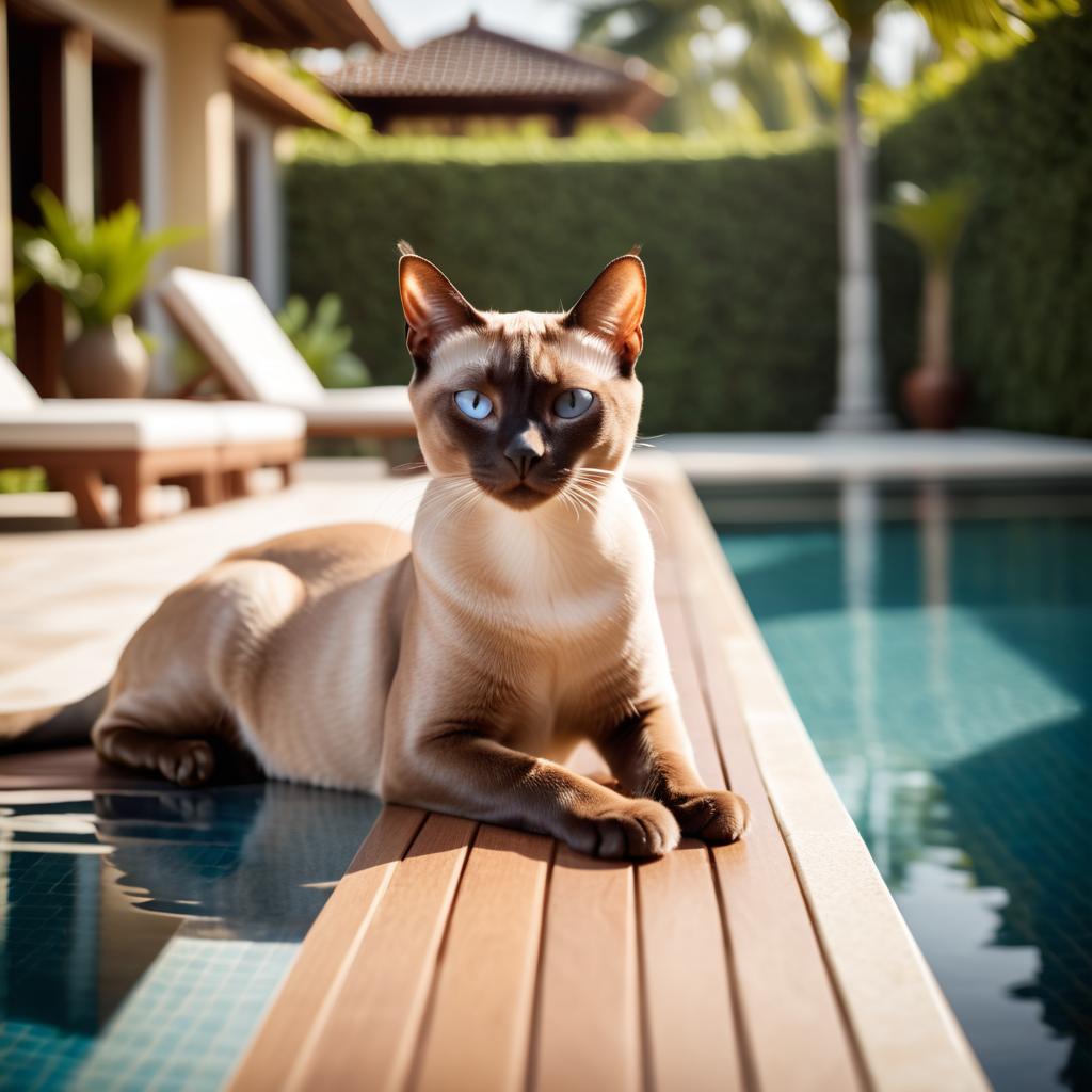 tonkinese cat suntanning next to a luxurious villa pool, capturing a posh and happy moment.