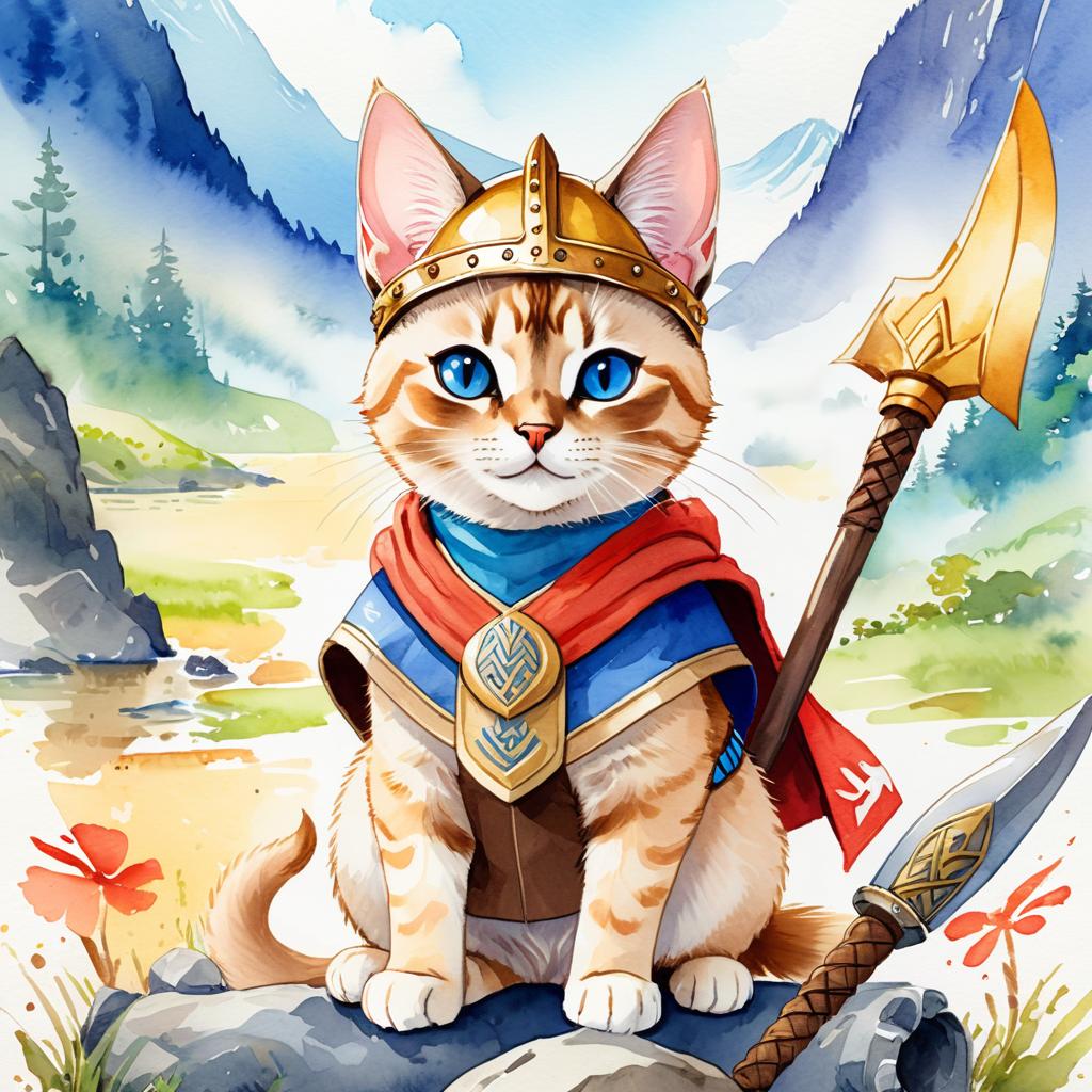 watercolor painting of tonkinese cat as a viking, wearing traditional armor and helmet, in a vibrant viking environment.