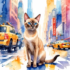 tonkinese cat in new york, rendered in a vibrant watercolor illustration, with a highly detailed and happy depiction.