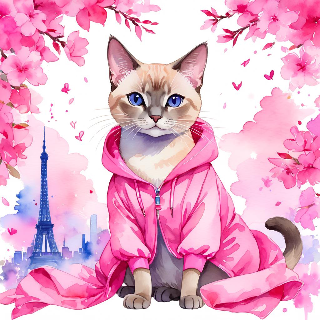 watercolor illustration of tonkinese cat in pink clothing, set in a beautiful pink scene, looking happy and vibrant.