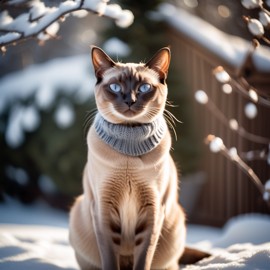 tonkinese cat in a beautiful winter scene, wearing stylish winter clothing, looking cute and happy.