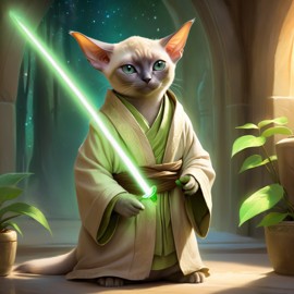 tonkinese cat as yoda from star wars, holding a green lightsaber in a cinematic star wars scene.