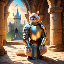 tonkinese cat as a medieval knight in a majestic castle, ethereal and painterly style.