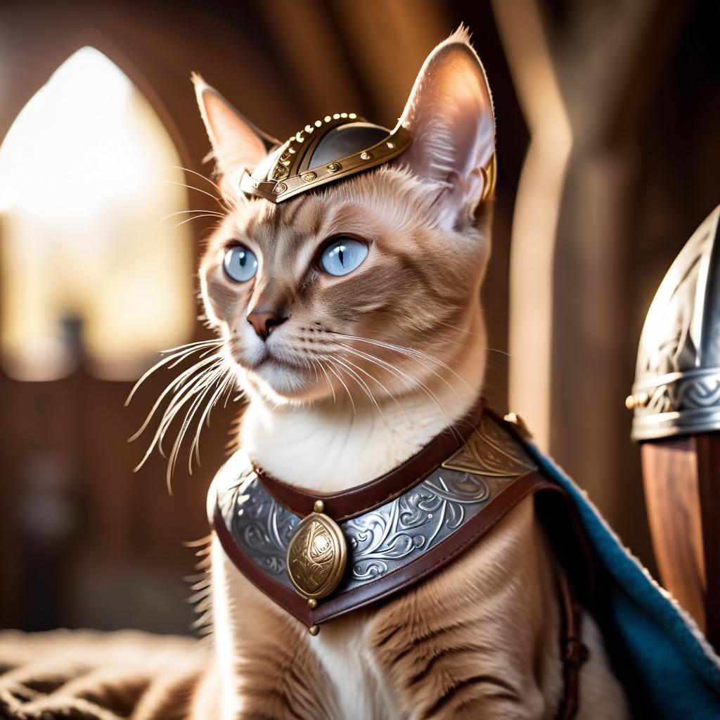 tonkinese cat as a viking, wearing traditional armor and helmet, set in a detailed viking environment.