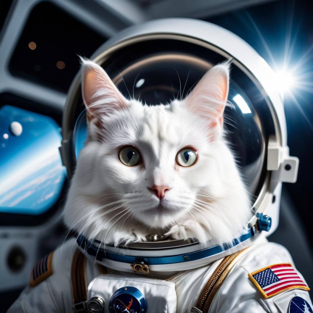 turkish angora cat as astronaut in space, wearing spacesuit, with spacestation background.