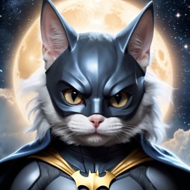 turkish angora cat as batman, ethereal and majestic, wearing batman suit and mask.