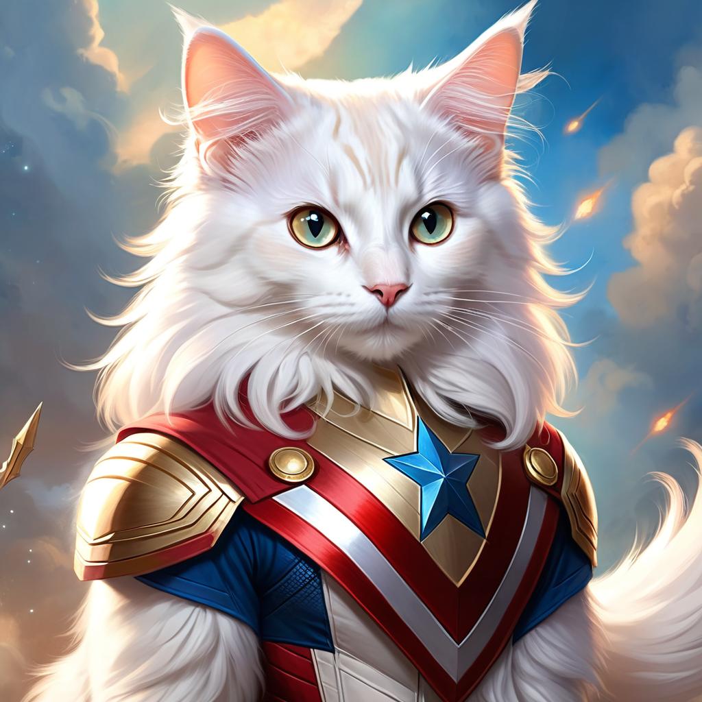 turkish angora cat as captain america from avengers, ethereal and magical.