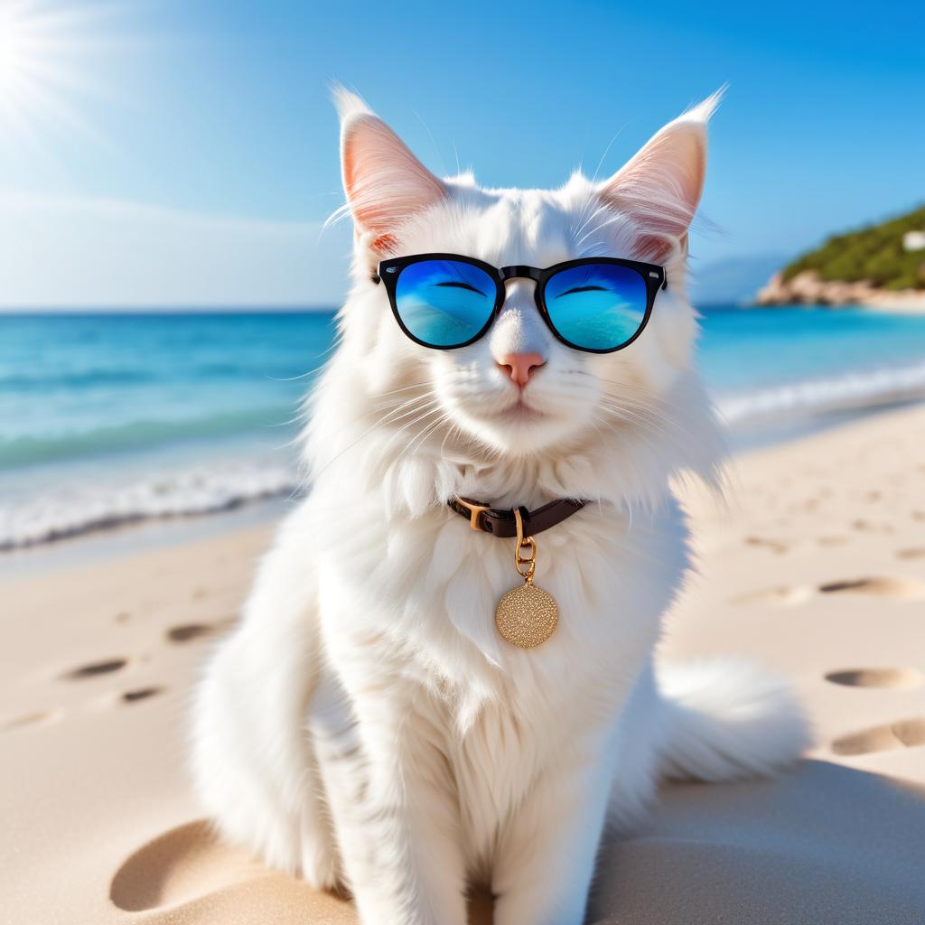 turkish angora cat on a beautiful beach with white sand and blue sea, wearing sunglasses.