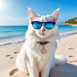 turkish angora cat on a beautiful beach with white sand and blue sea, wearing sunglasses.