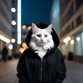 turkish angora cat in a black hoodie, set against a modern urban backdrop, emphasizing a stylish and trendy look.