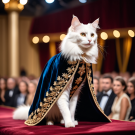 turkish angora cat strutting down the fashion show catwalk stage in a luxurious velvet cape with gold embroidery, high energy and majestic.