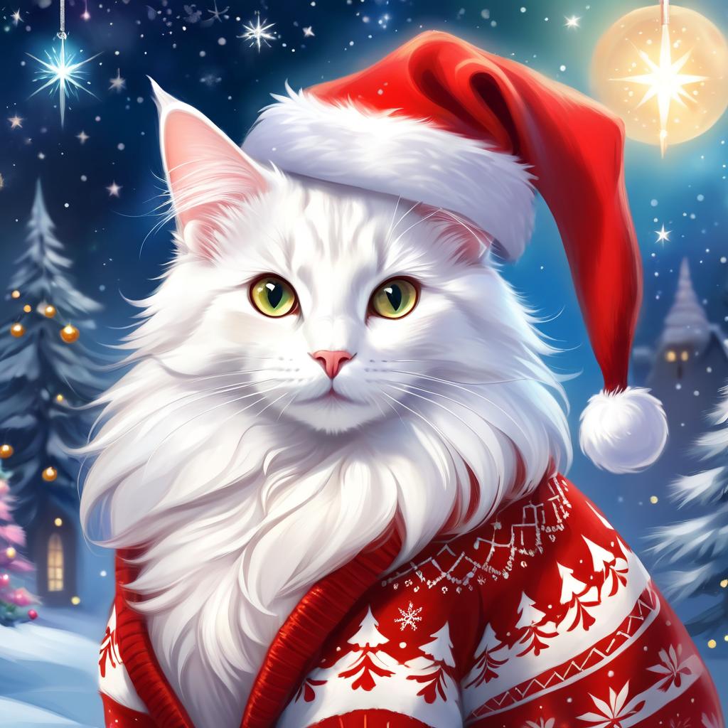 turkish angora cat in a christmas sweater and santa hat, ethereal and magical.