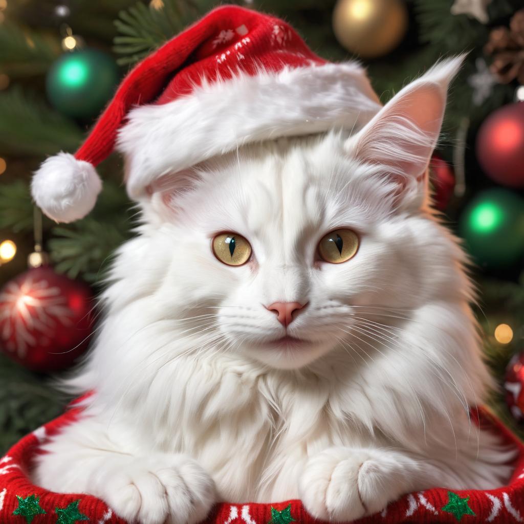 turkish angora cat in a christmas sweater and santa hat, lifelike and festive.