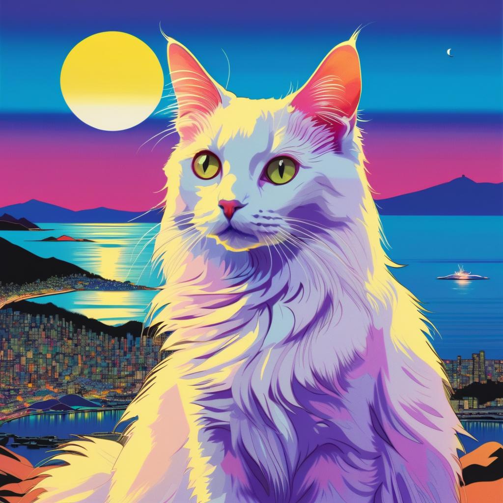 anime artwork of turkish angora cat in city pop style, retro vaporwave, night view, summer beach scene.