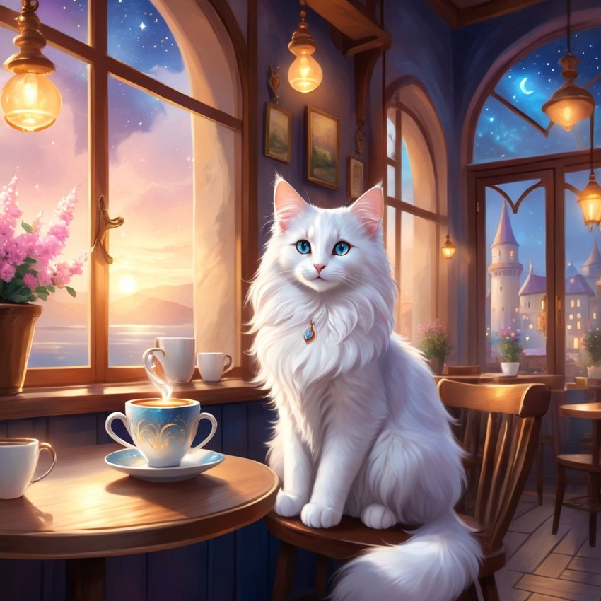 turkish angora cat sitting in a cozy coffee shop, ethereal and magical.