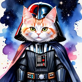 watercolor painting of turkish angora cat as darth vader from star wars, dressed as darth vader in a vibrant star wars scene.