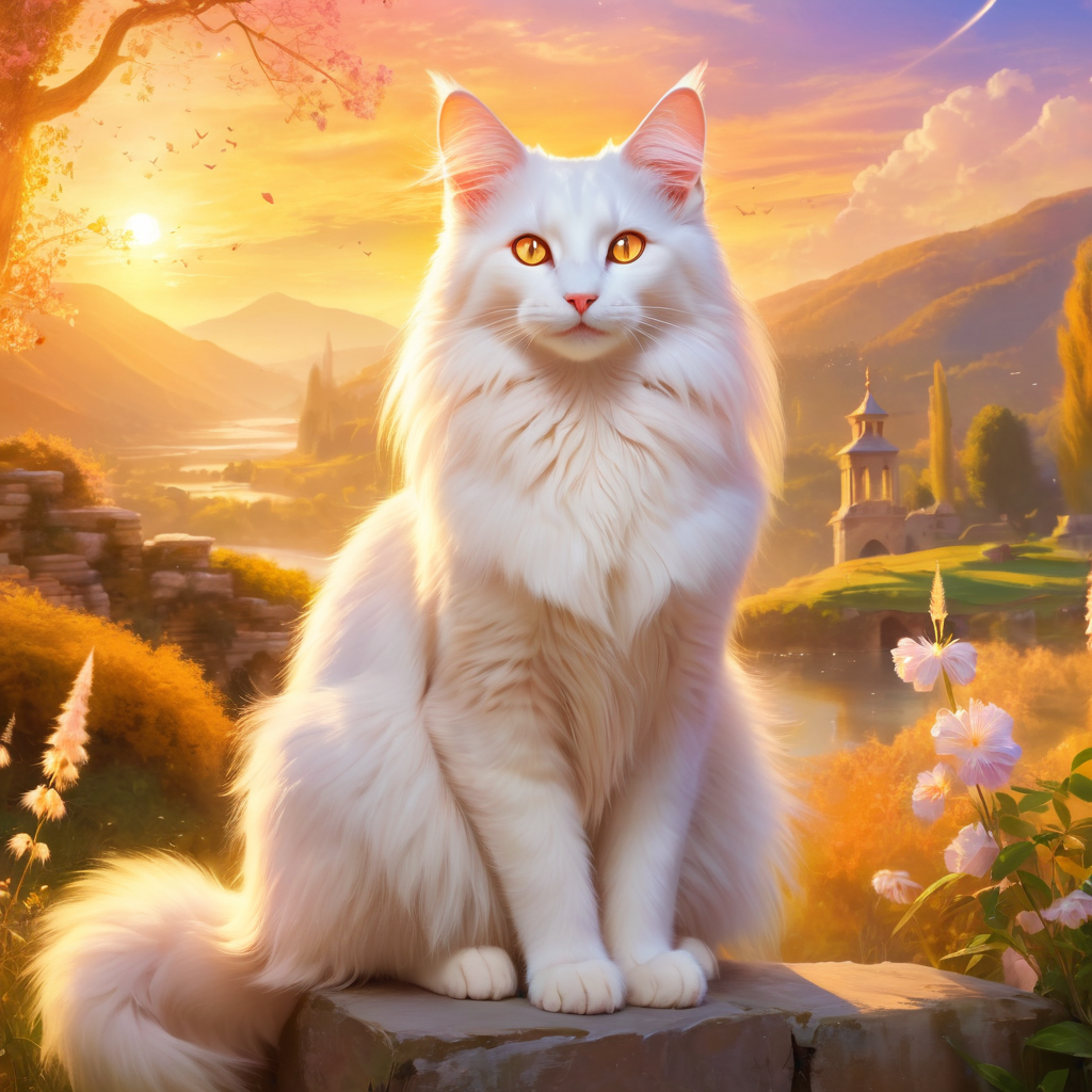 turkish angora cat during golden hour, with a celestial and magical atmosphere, capturing their beauty in a dreamy setting.