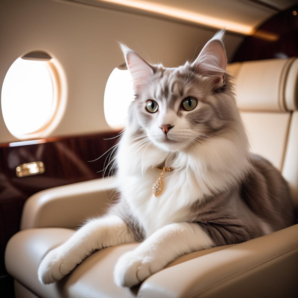 turkish angora cat in a gulfstream private jet, dressed in elegant clothing, capturing a posh and happy moment.