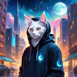 turkish angora cat in a black hoodie, set in a magical urban environment with a celestial and cute appearance.