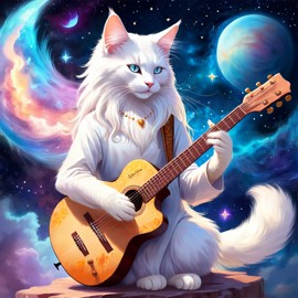 turkish angora cat as a musician in an ethereal fantasy setting, playing guitar with a majestic and magical touch.