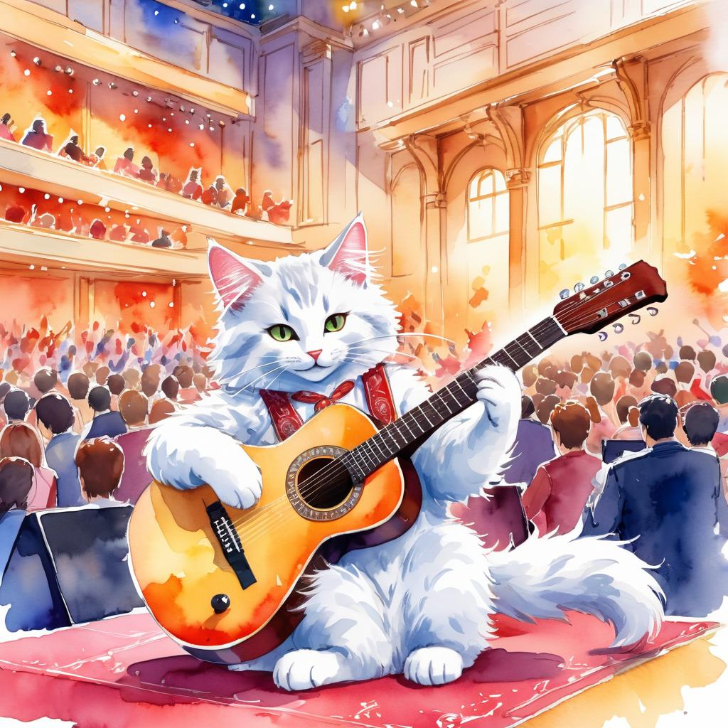 turkish angora cat as a musician in a watercolor painting, playing guitar in a vibrant and detailed concert hall scene.