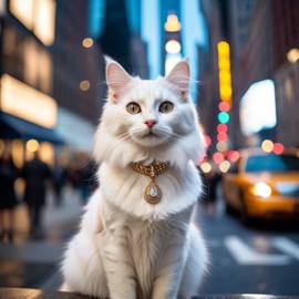 turkish angora cat in new york, dressed in classy clothing, against an iconic nyc backdrop with a cinematic, high-detail style.