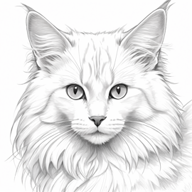 pencil sketch drawing of turkish angora cat, detailed line art in black and white, capturing a timeless and elegant representation.