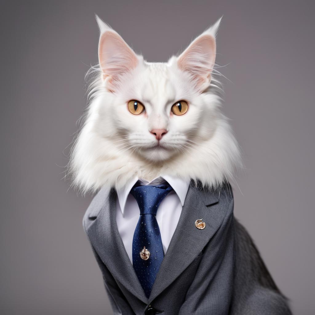 professional headshot of turkish angora cat wearing a stylish suit for a cv or linkedin, studio photo.