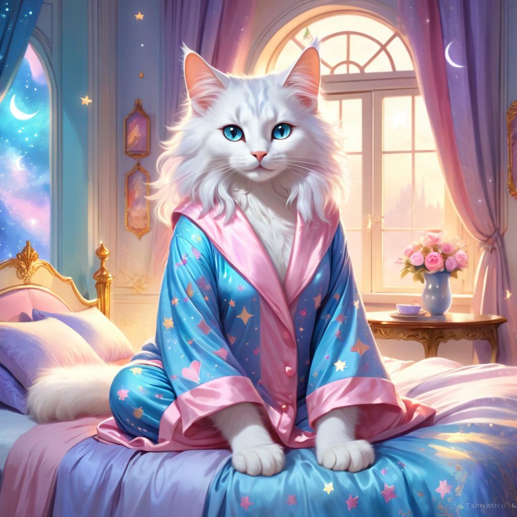 turkish angora cat in cute pyjamas, relaxing in a posh bedroom, capturing an ethereal and happy moment.