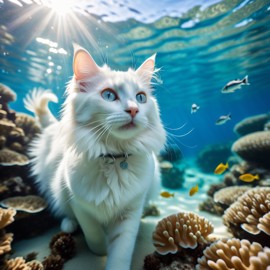 turkish angora cat swimming in a vibrant blue ocean with fish and coral reef, capturing a sunny and happy underwater scene.