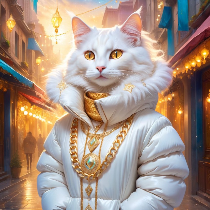 turkish angora cat in a white puffer coat with golden hip hop chains, in a posh urban environment, looking cute and happy.