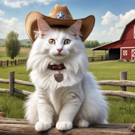 turkish angora cat as a cowboy wearing a hat, in the midwest countryside, on a farm.