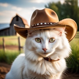 turkish angora cat as a cowboy wearing a hat, in the midwest countryside, on a farm.