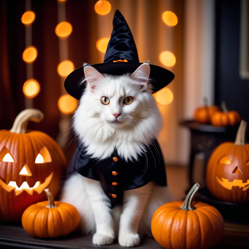 turkish angora cat in a halloween costume with pumpkins and eerie decorations, highlighting their festive spirit.