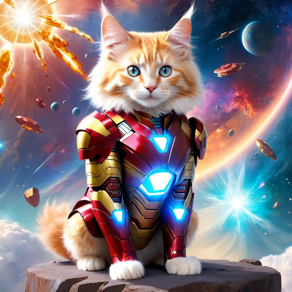 turkish angora cat as iron man, showcasing a celestial, painterly style with a magical iron man costume.