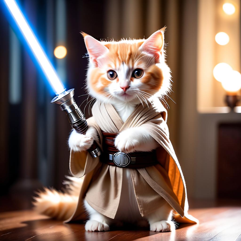 turkish angora cat as a jedi knight, featuring a lightsaber and a star wars environment in a high-detail, epic style.