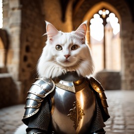 turkish angora cat as a medieval knight in a cinematic film still, detailed armor, set in a grand medieval castle.