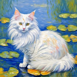 turkish angora cat in the style of monet, featuring delicate brush strokes and a classic, artistic appearance.