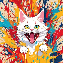 turkish angora cat in pollock's drip technique, capturing dynamic and colorful modern art.