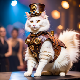 turkish angora cat strutting down the fashion show catwalk stage in an elaborate steampunk outfit featuring leather harnesses, brass gears, and a top hat, high energy and dramatic.