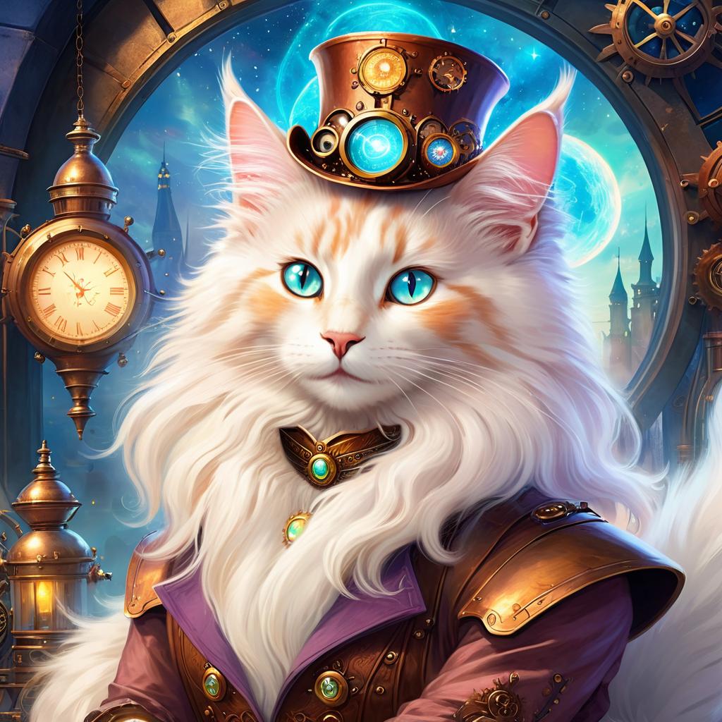 turkish angora cat in a steampunk style, cute and happy, with a magical and painterly quality.