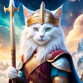 turkish angora cat as a viking, wearing traditional armor and helmet, in a magical viking environment.