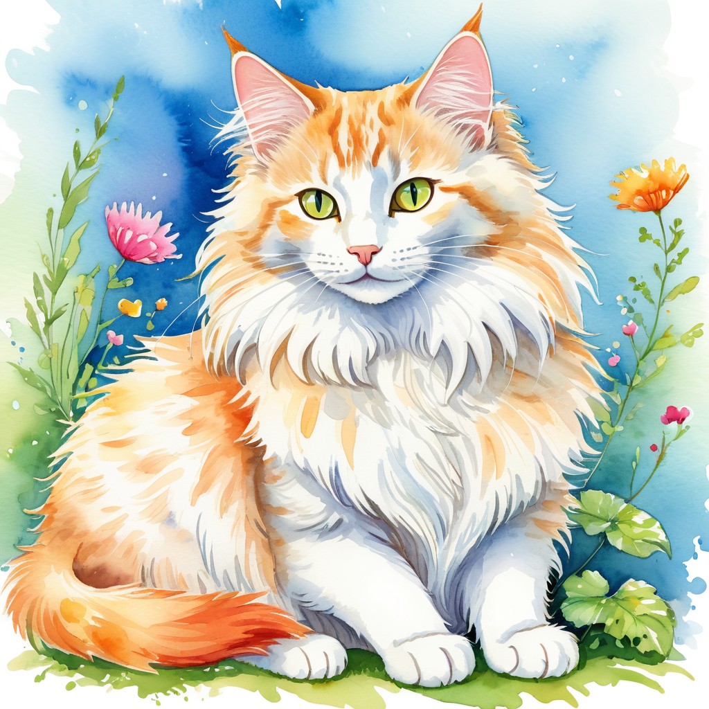 watercolor illustration of turkish angora cat in children's book style, vibrant and detailed, drawn by don freedman.