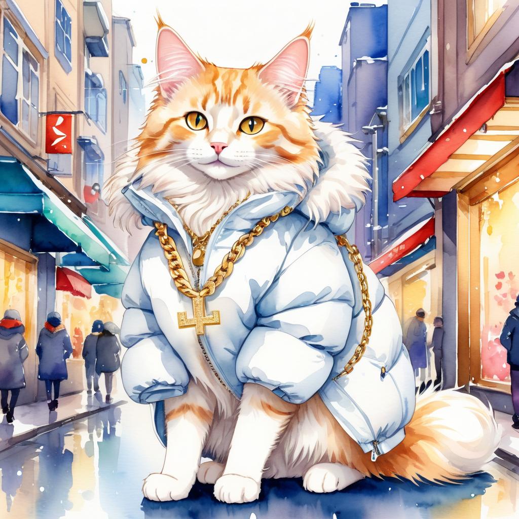 watercolor painting of turkish angora cat in a white puffer coat with golden hip hop chains, set in a posh urban environment.