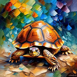 knife oil painting of box turtle turtle/tortoise in the style of leonid afremov and degas, featuring vibrant, textured brushstrokes.