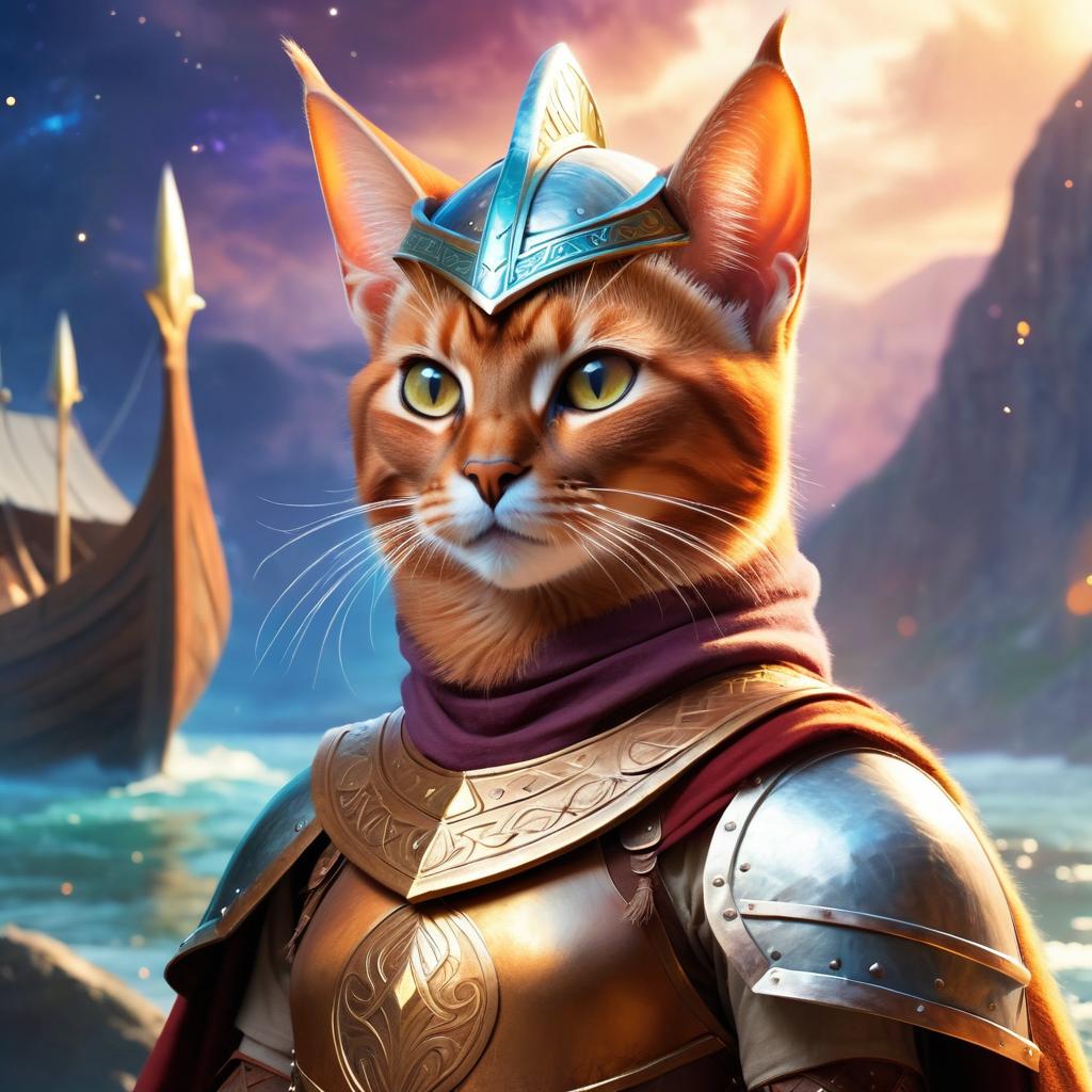 abyssinian cat as a viking, wearing traditional armor and helmet, in a magical viking environment.